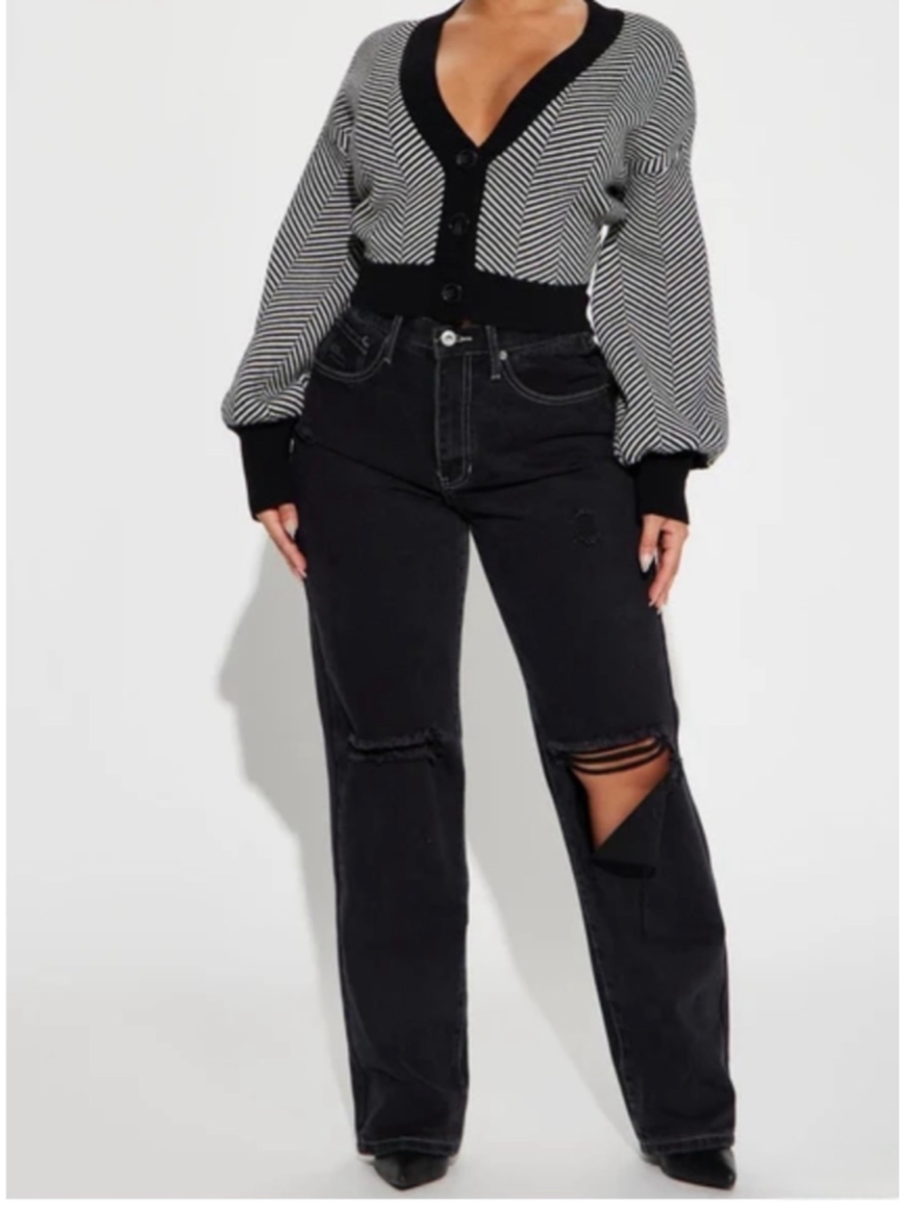 Fashion Nova Cardigan Size M Black White Chevron Knit Sweater NWT - Picture 12 of 12